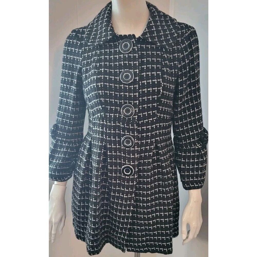 Jolt Black & White Plaid Tweed Peacoat with Statement Buttons